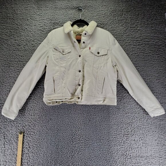 Levis Jacket Womens XL Cream Sherpa-Lined Button-Up Faux-Fur Collar Trucker - Picture 1 of 9